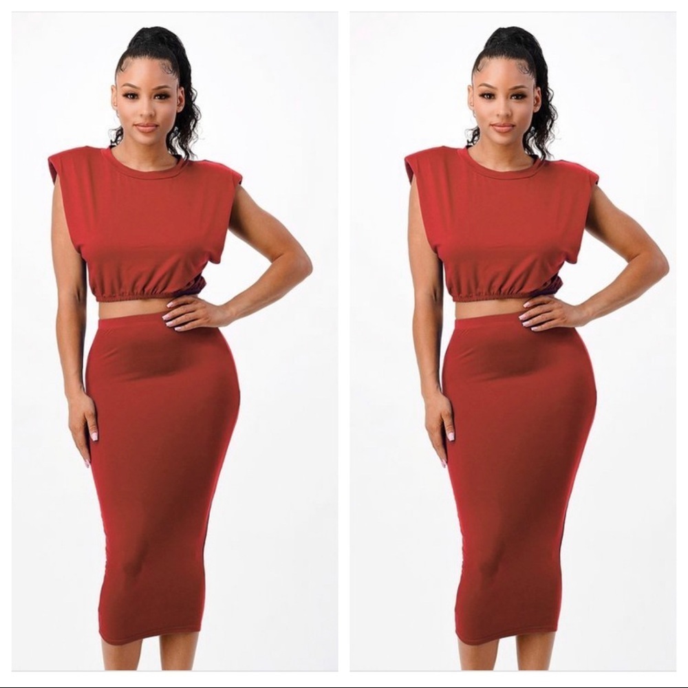 NEW TRENDY COPPER TWO PIECE SHOULDER PAD CROP TOP SHIRT CALF LENGTH SKIRT SET